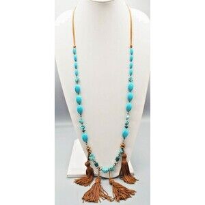 Chico's Faux Turquoise Beads Gold Fabric Tassels Leather Cords Long 38" Necklac